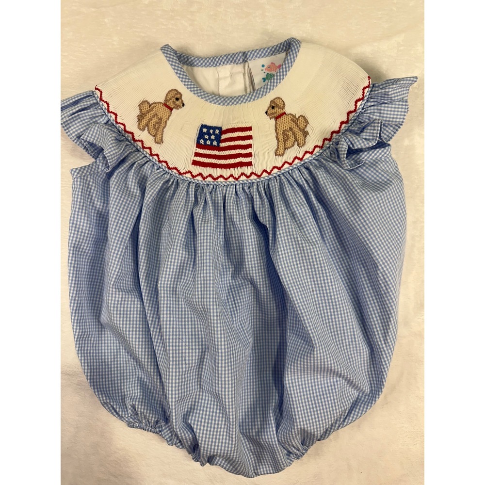 Stitchy Fish Bubble Romper 6M Blue Gingham Smocked Patriotic Flag Dog Baby Girl